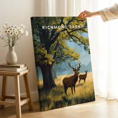Richmond Park canvas print with deer and trees, displayed in a bright, cozy room