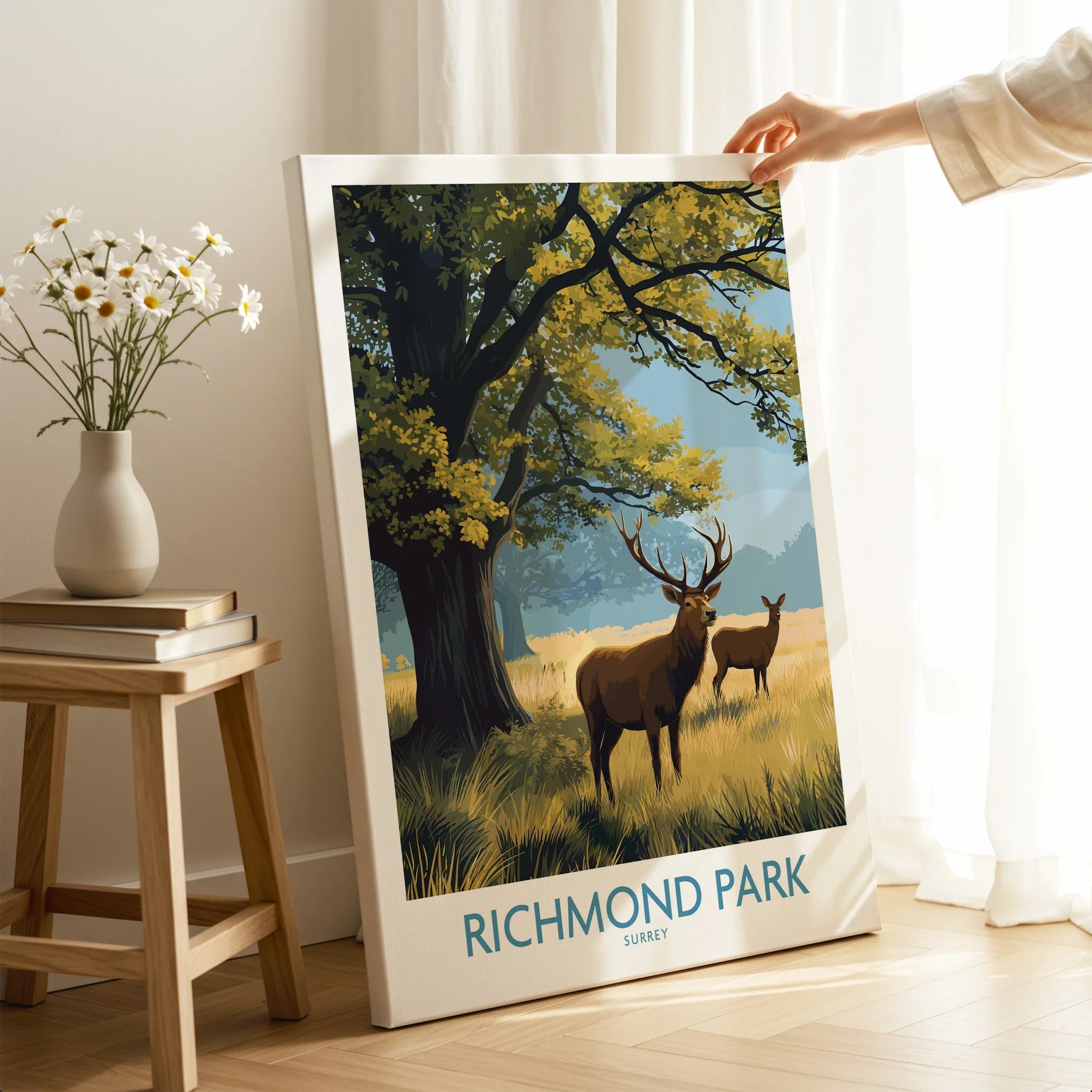 Richmond Park canvas print with deer artwork in a bright, modern home interior setting