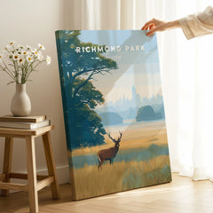 Richmond Park Surrey canvas print with deer, held in cozy room with books and flowers