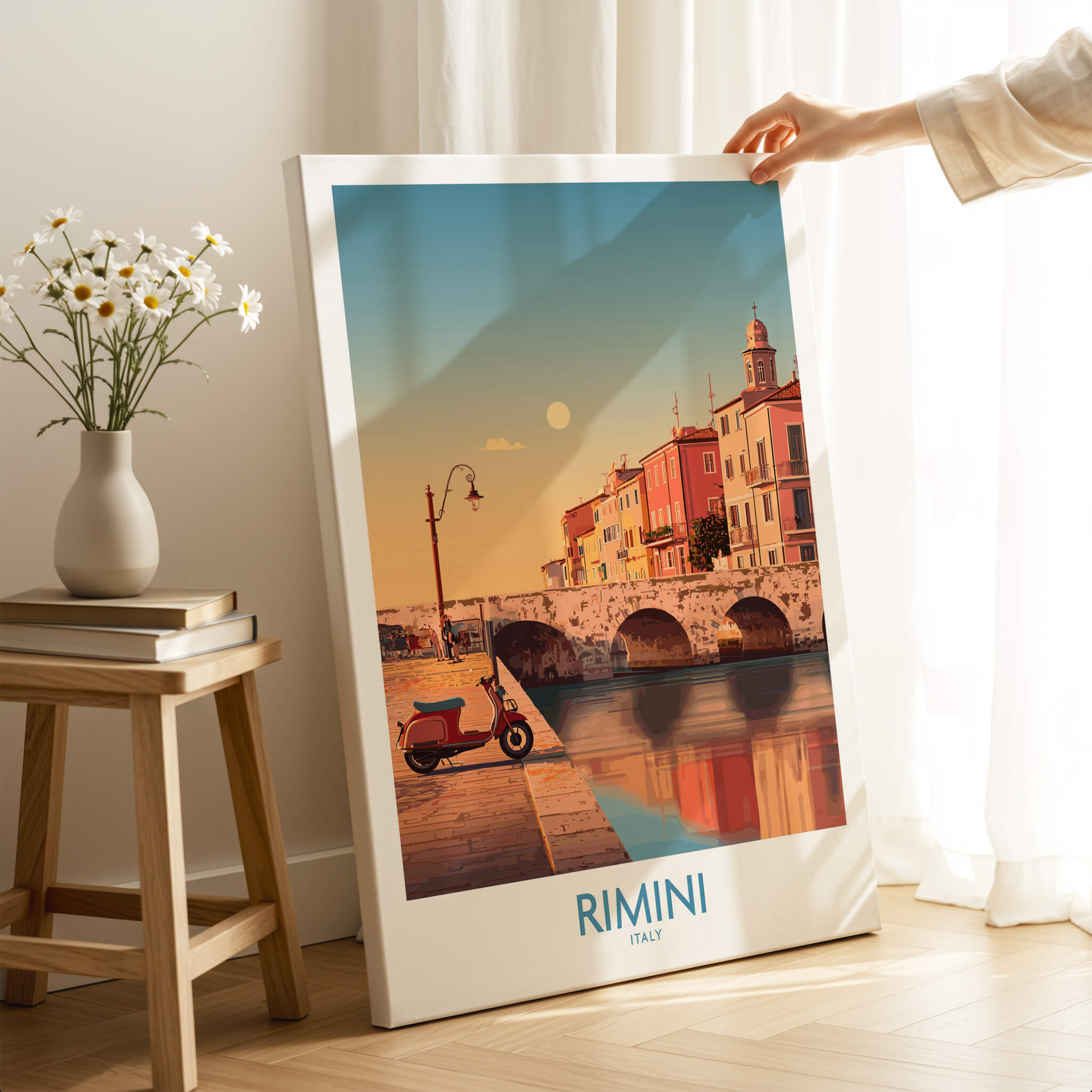 Rimini Italy Poster | Vintage Vespa & Historic Bridge Canvas Print displayed in a cozy interior setting.