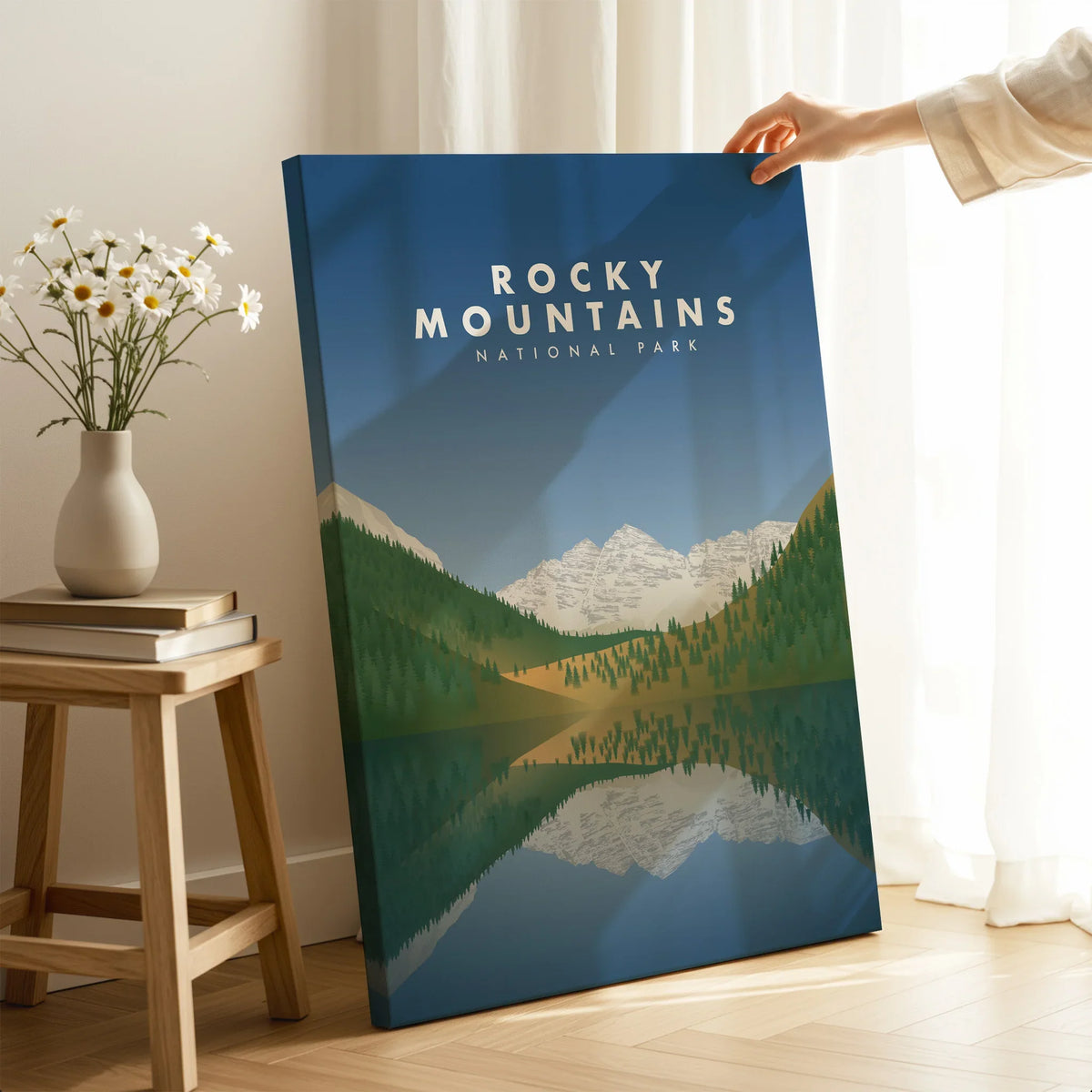 Rocky Mountains National Park canvas print with mountain and lake art in a cozy room setting