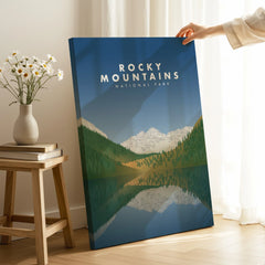 Rocky Mountains National Park canvas print with mountain and lake art in a cozy room setting
