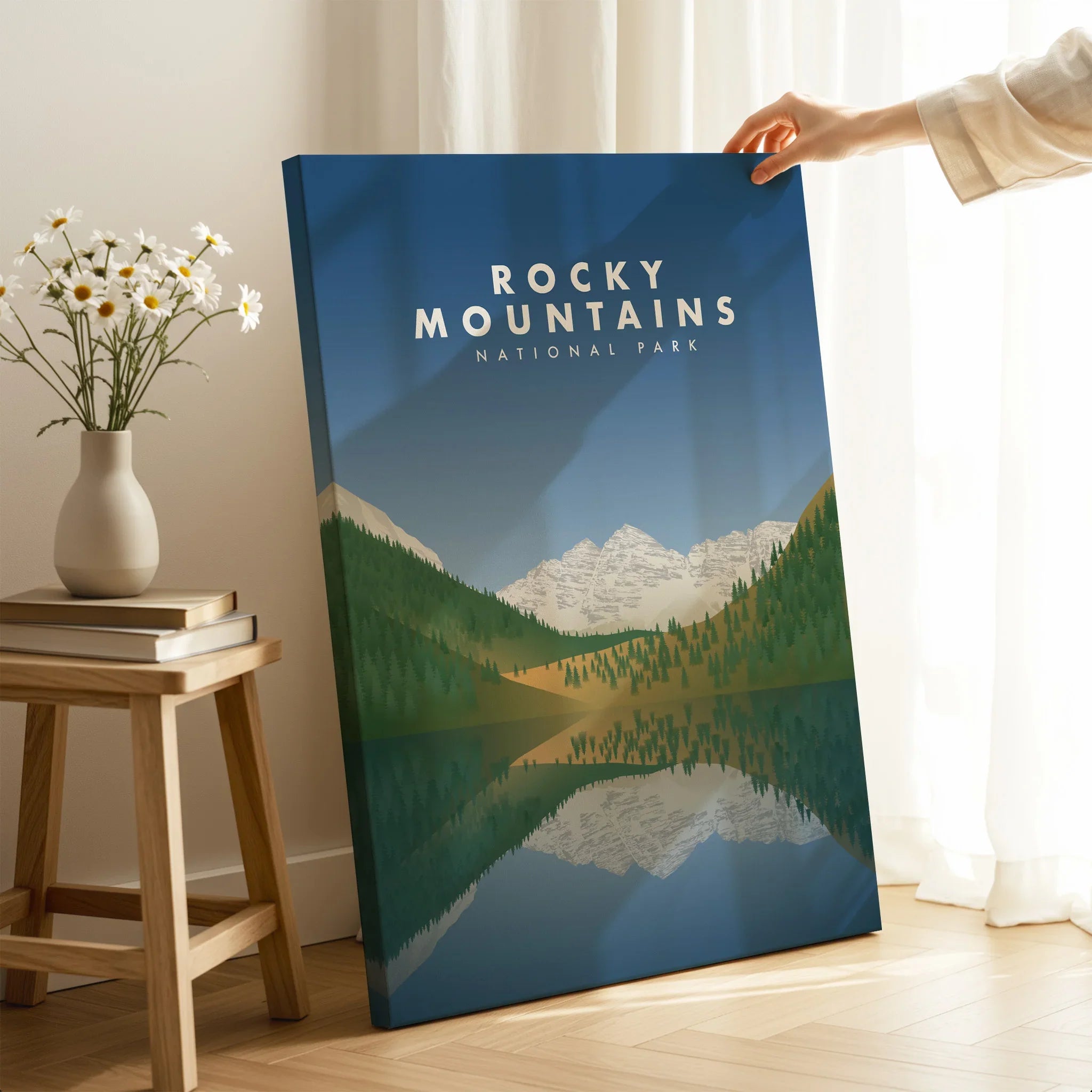 Rocky Mountains National Park canvas print with mountain and lake art in a cozy room setting