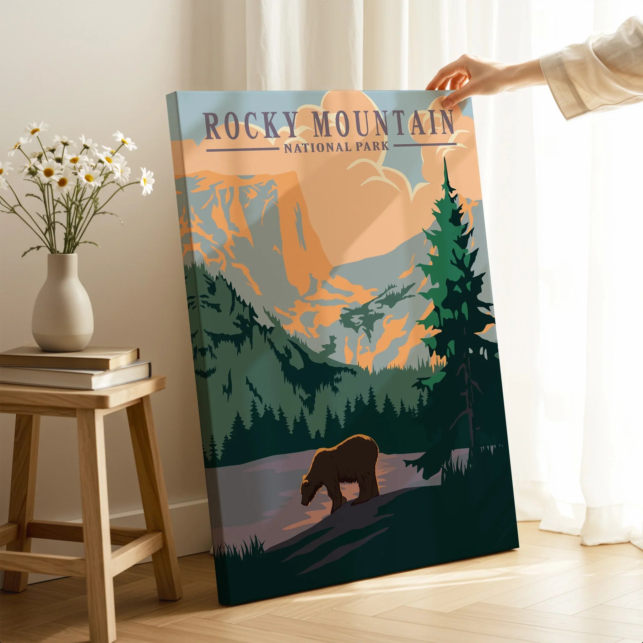 Rocky Mountain National Park canvas print with bear, scenic mountains, and pine trees in cozy room.