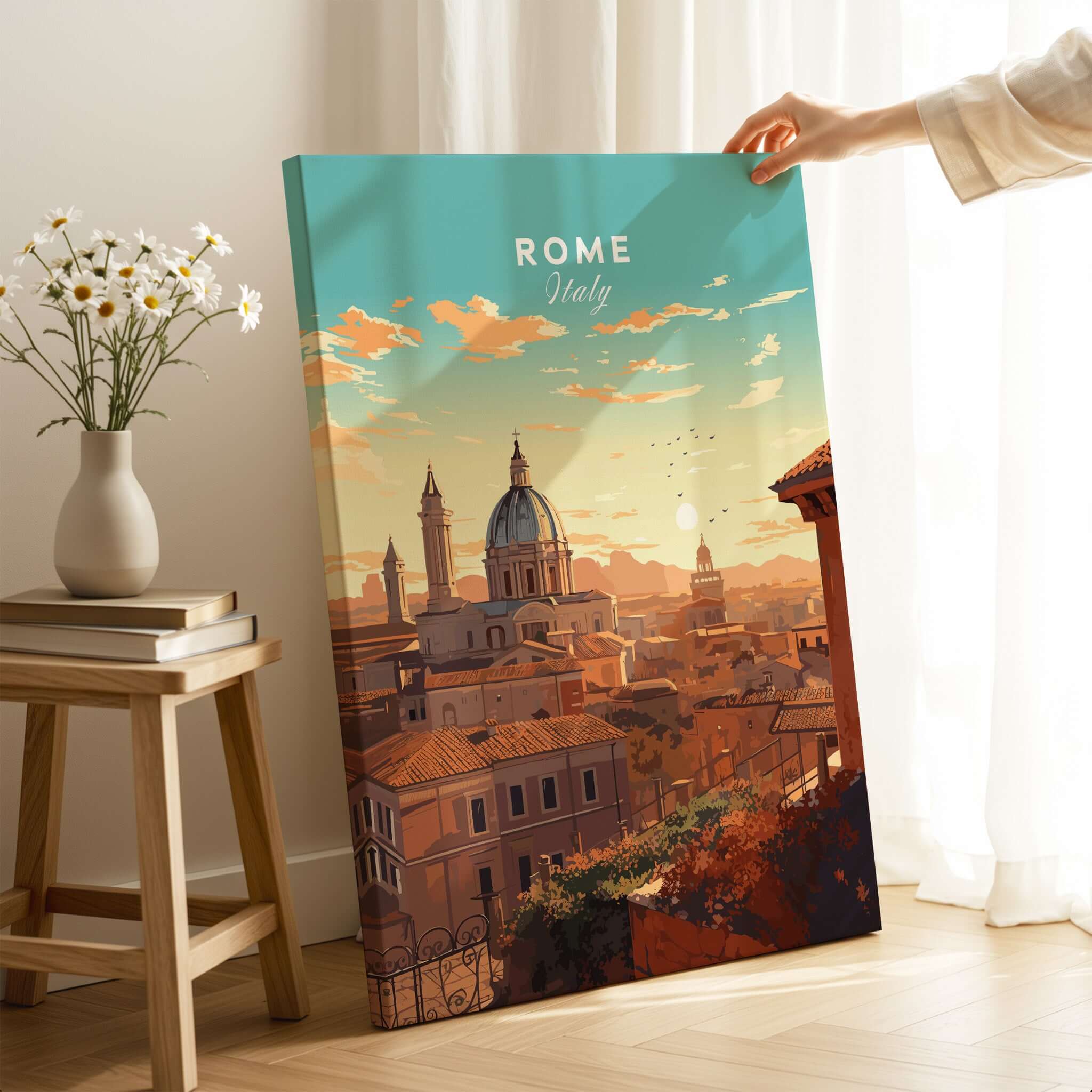 Rome Print showcasing a beautiful sunset over the cityscape of Rome, Italy, perfect for travel lovers.