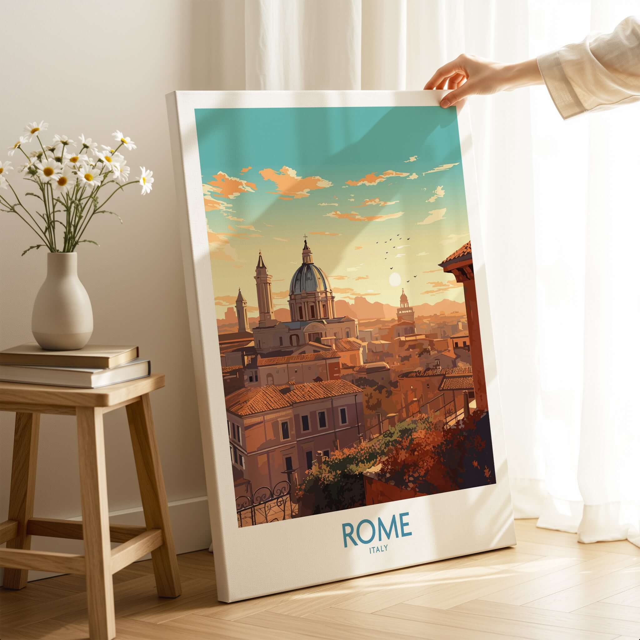 Rome Poster featuring a stunning sunset view of Rome's skyline, perfect for wall decor.