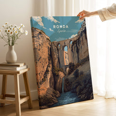 Ronda Spain Wall Art Print | Puente Nuevo Gorge Waterfall Travel Poster displayed indoors with natural light.