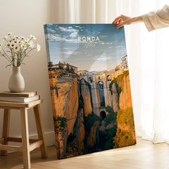 Ronda Spain Wall Art Print | Historic White Village Cliffside Travel Poster displayed on a wall.