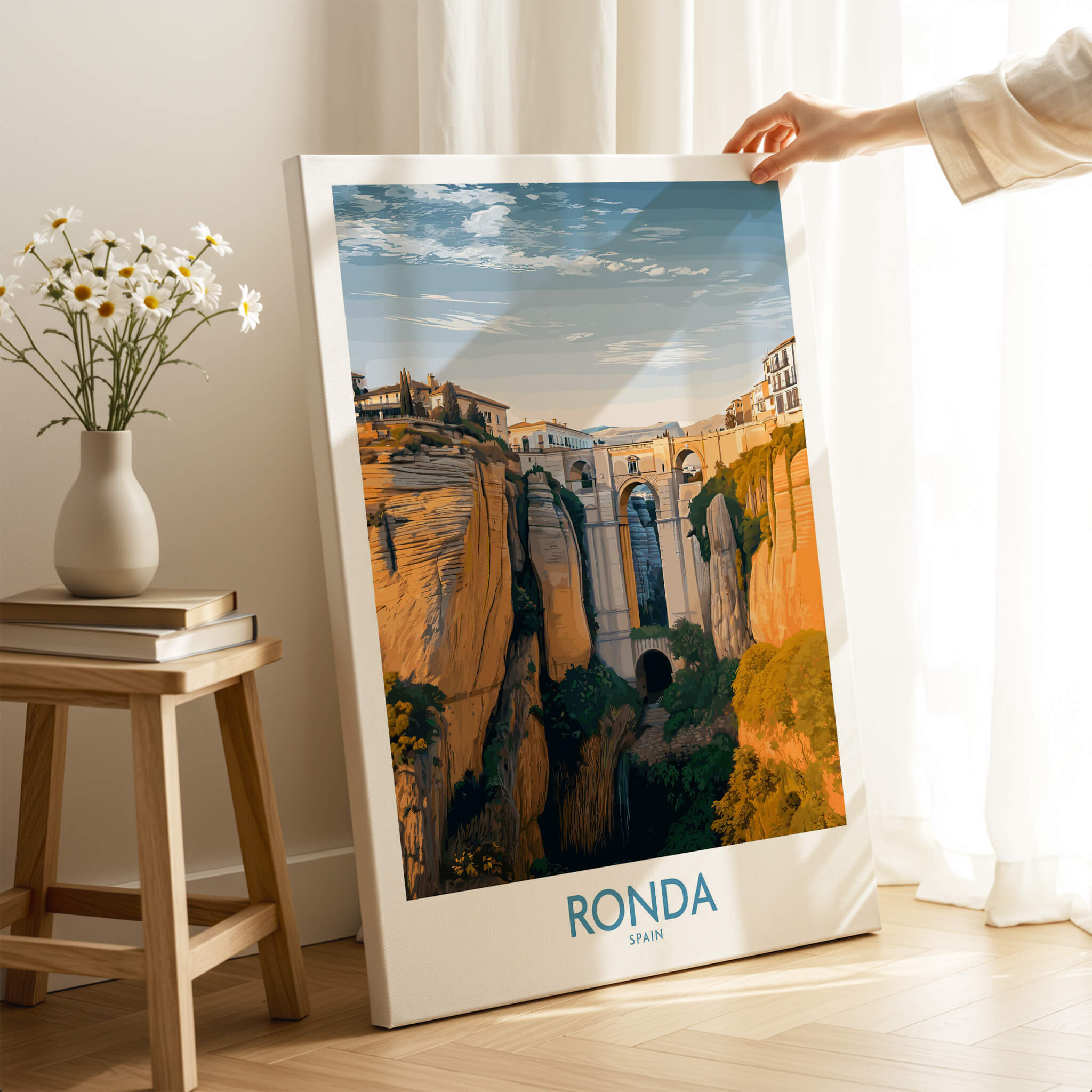 Ronda Spain Poster | Iconic Stone Bridge & Valley View Canvas Print showcased in a stylish interior setting.