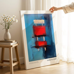 Rothko Inspired Abstract Red Blocks Art Print | Blue Background Wall Decor displayed in a bright room with flowers.