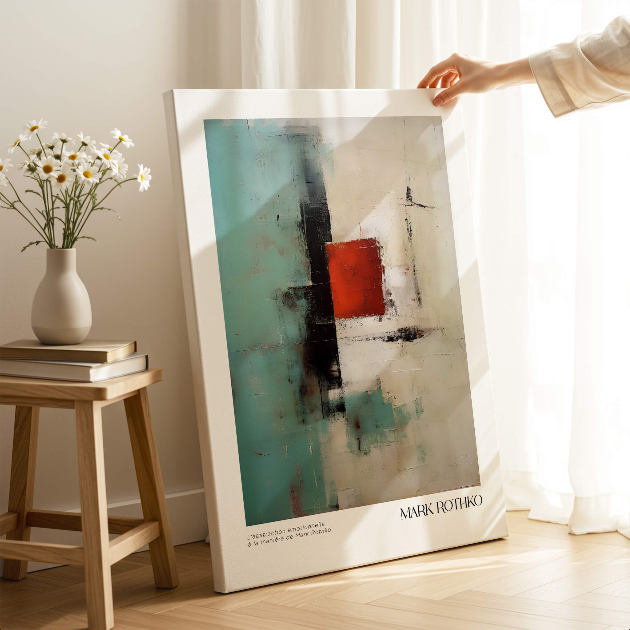 Rothko Inspired Abstract Red and Mint Art Print | Mid-Century Modern Wall Decor displayed on an easel in a bright room.
