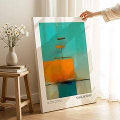 Rothko Inspired Abstract Turquoise Orange Art Print | Minimalist Wall Decor showcased in a bright room with flowers.