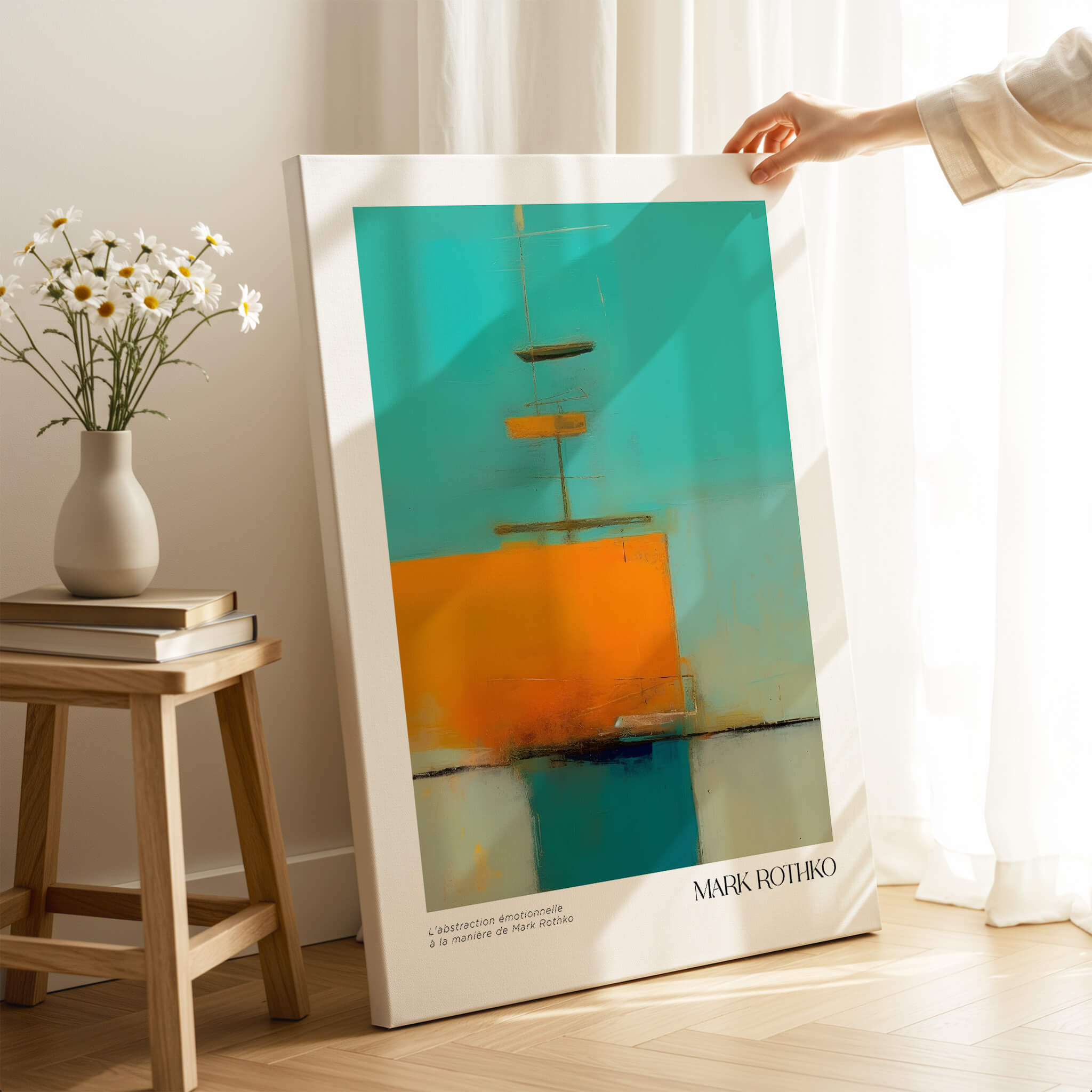 Rothko Inspired Abstract Turquoise Orange Art Print | Minimalist Wall Decor showcased in a bright room with flowers.