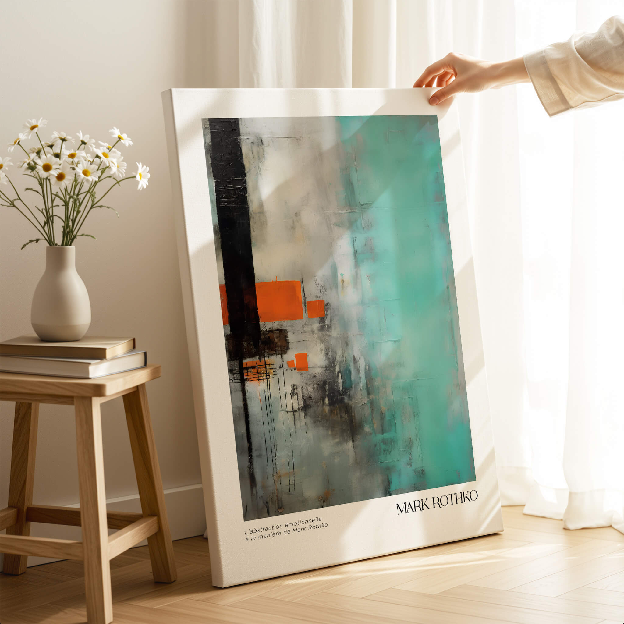 Rothko Inspired Abstract Mint and Orange Art Print | Expressionist Style Wall Decor displayed in a bright room.