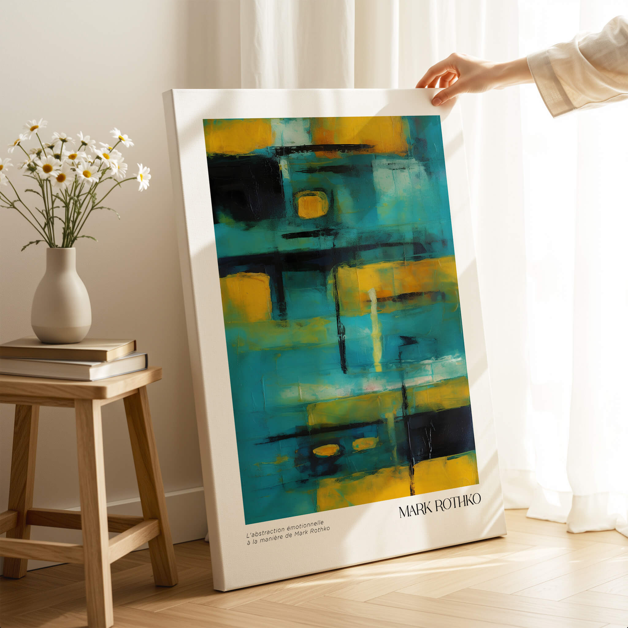 Rothko Inspired Abstract Yellow and Teal Art Print | Modern Poster displayed in a bright room with flowers.