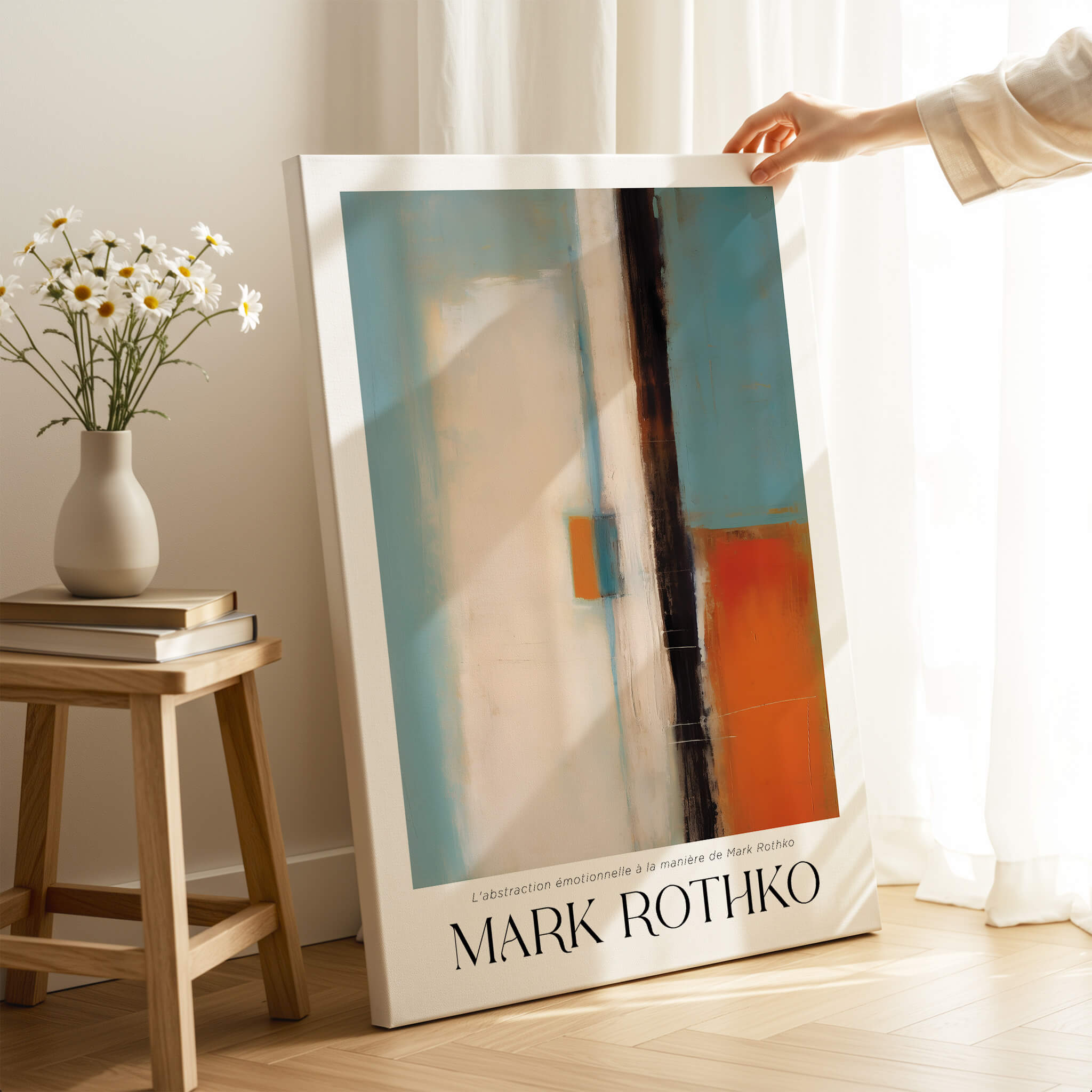 Rothko Inspired Abstract Teal and Orange Art Print | Minimalist Canvas Poster displayed in a bright interior setting.