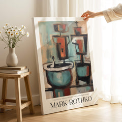 Rothko Style Cubist Abstract Painting | Contemporary Wall Decor displayed in a bright room with flowers.