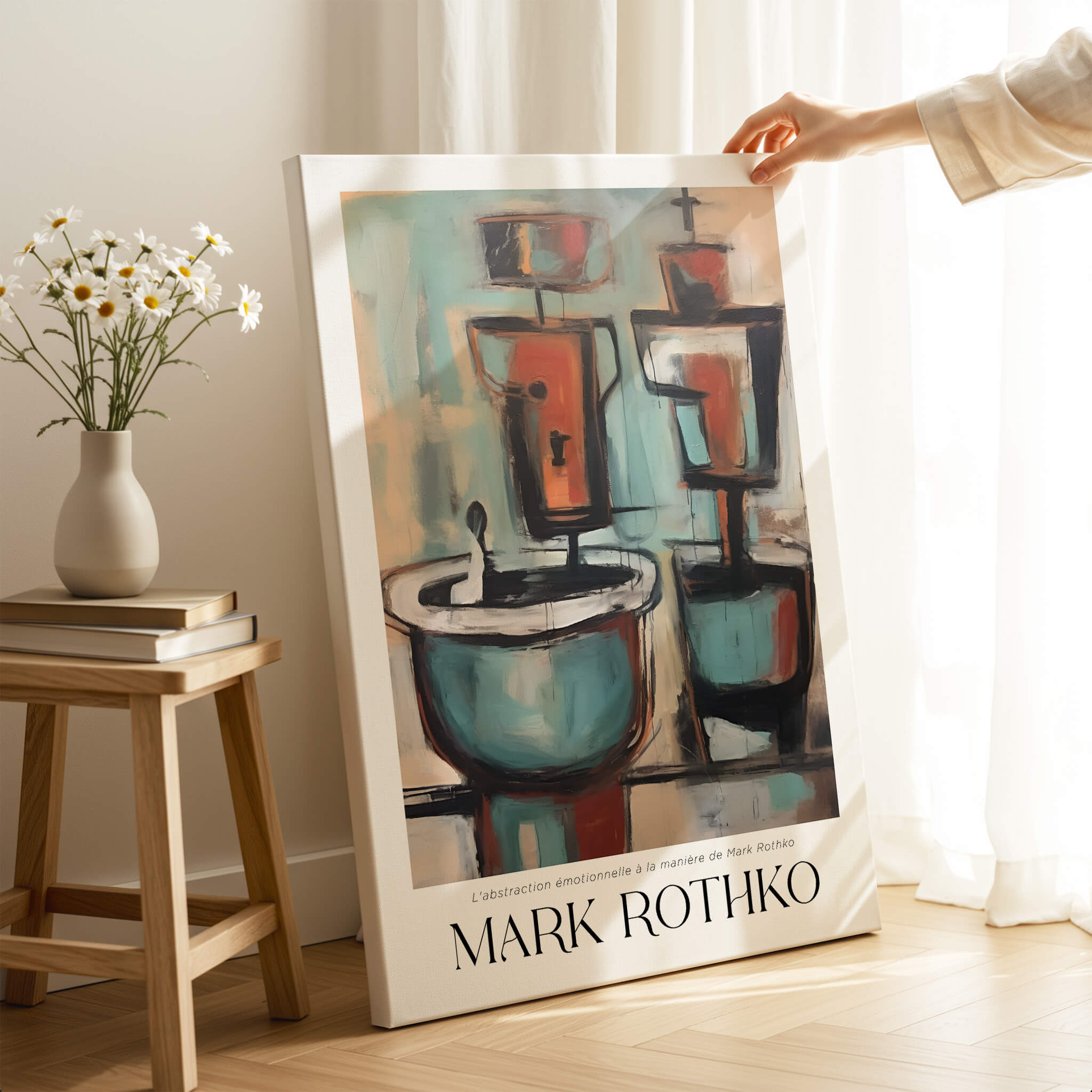 Rothko Style Cubist Abstract Painting | Contemporary Wall Decor displayed in a bright room with flowers.