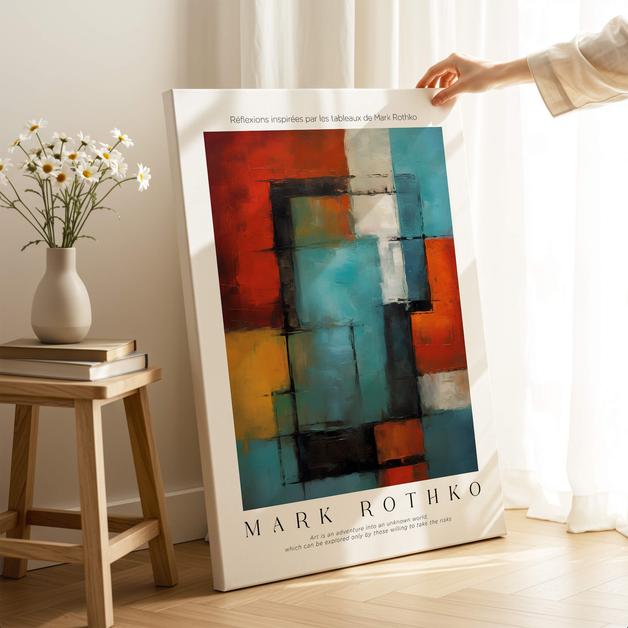 Rothko Style Modern Expressionist Painting Poster | Contemporary Wall Art displayed next to a vase and flowers.