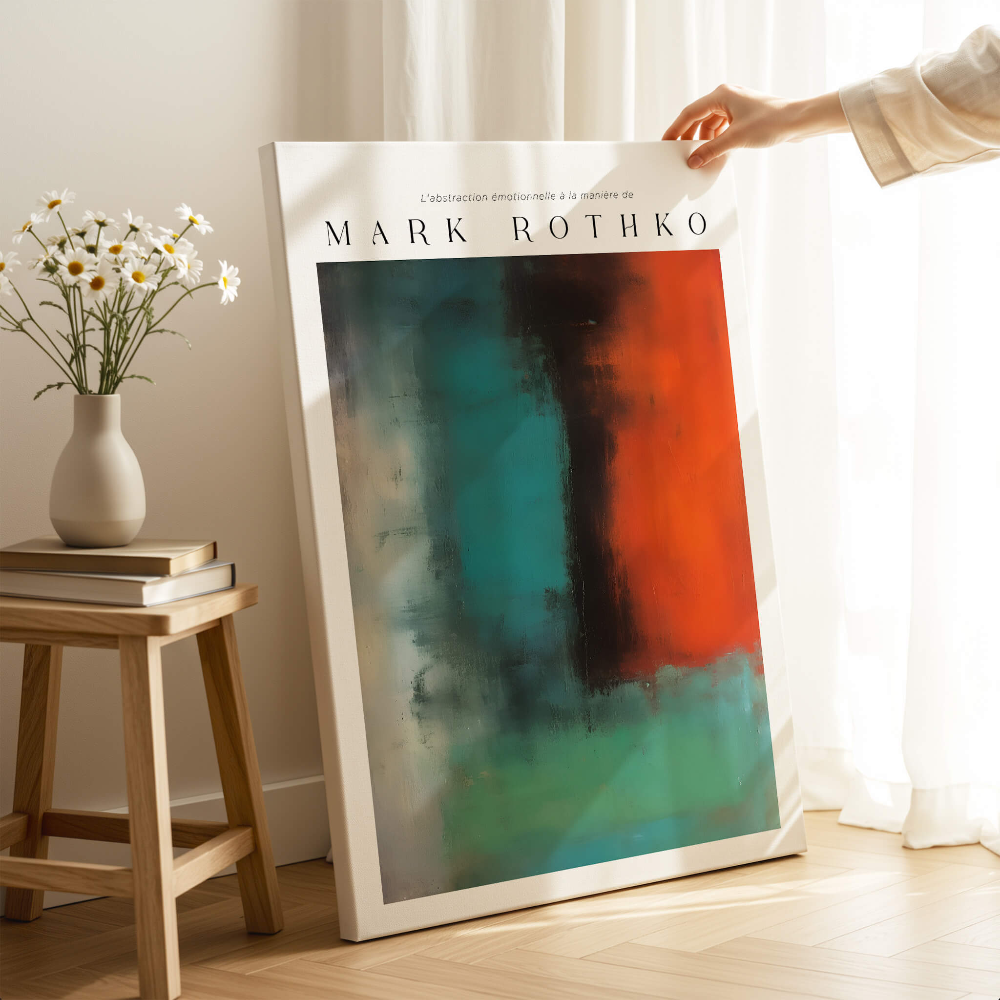 Mark Rothko Style Modern Canvas Abstraction Painting | Contemporary Wall Art displayed on an easel with atmospheric colors.