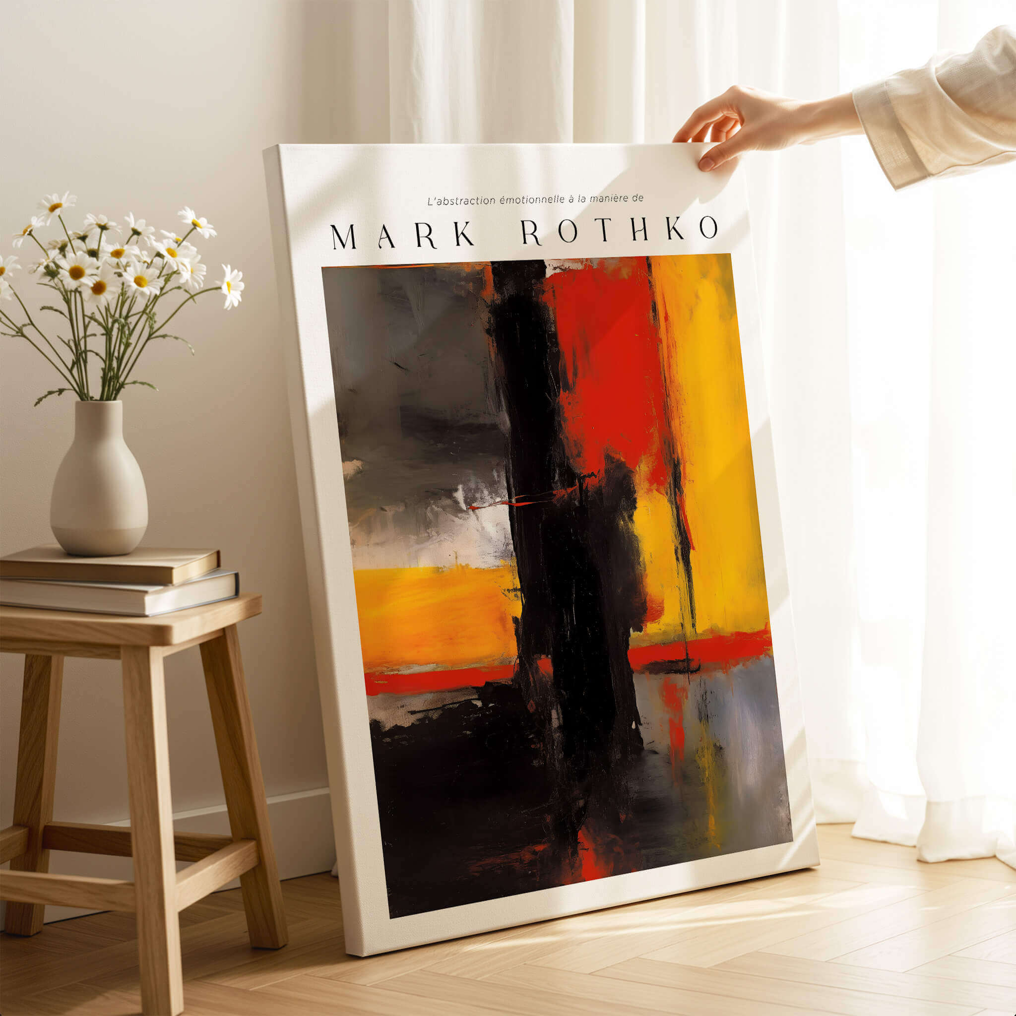 Mark Rothko Style Bold Black and Yellow Abstract Canvas Art Print showcased in a stylish interior.