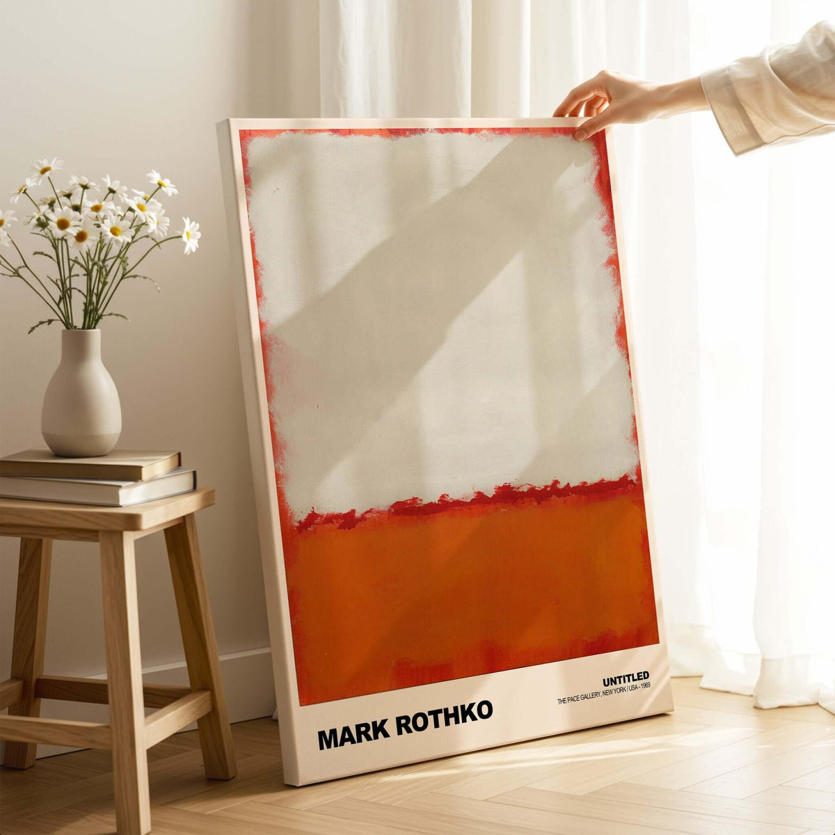 Mark Rothko Untitled 1969 Abstract Expressionism Poster White Orange Color Field Print displayed in a room with flowers.