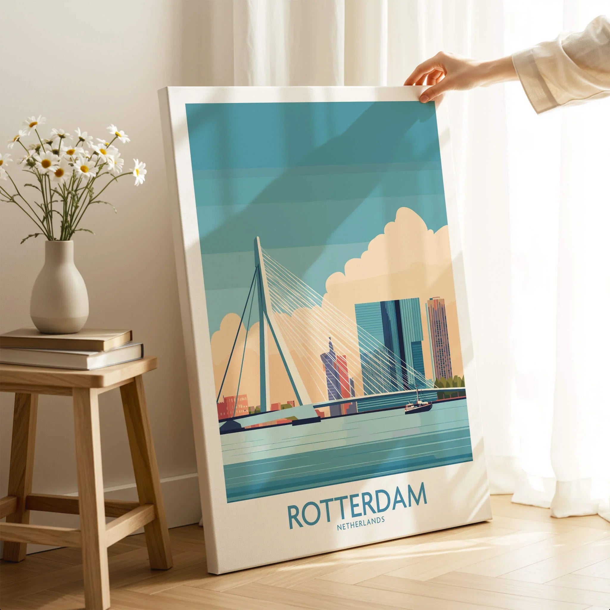 Rotterdam city skyline canvas print with Erasmus Bridge, displayed in a modern room setting
