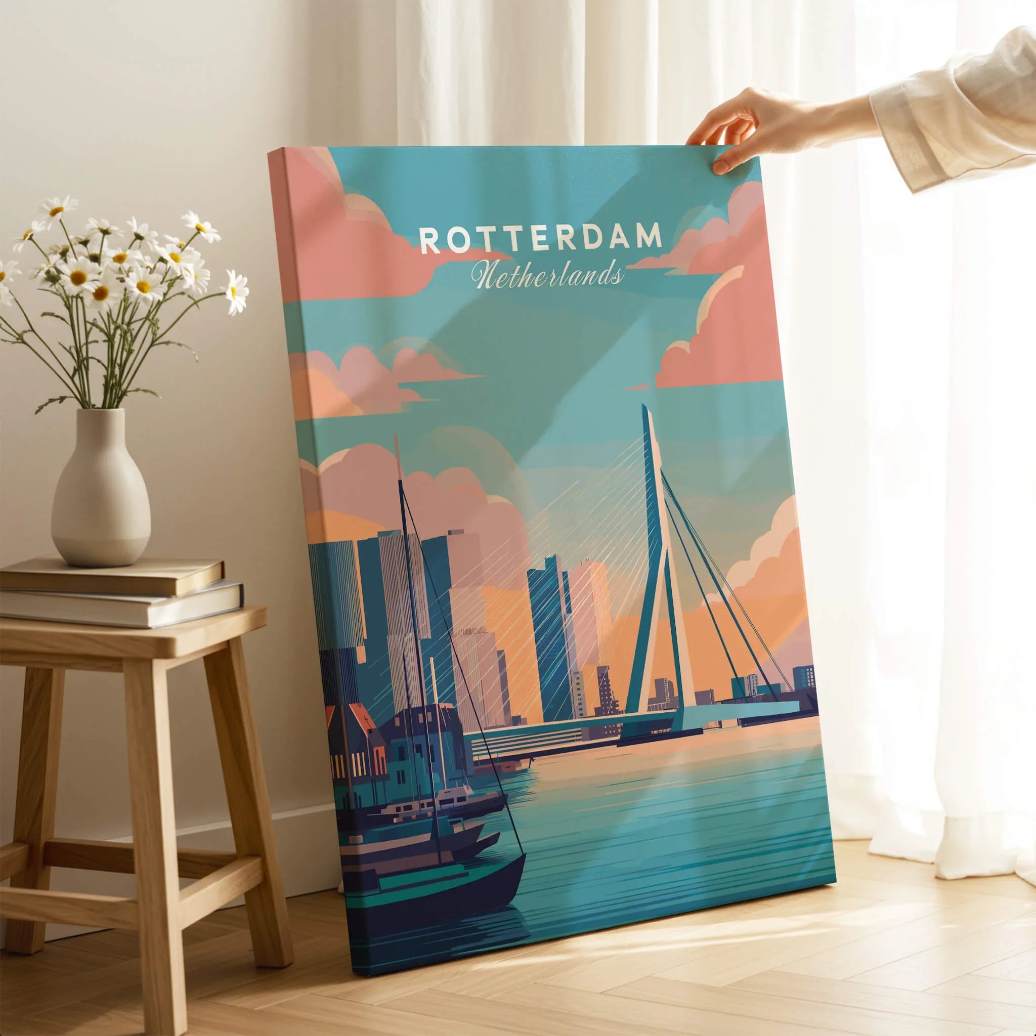 Rotterdam city skyline wall art canvas print with bridge, held in modern room