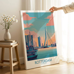 Rotterdam skyline canvas wall art with modern cityscape, hand holding print in cozy room