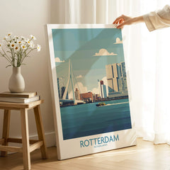 Rotterdam skyline canvas print in modern room with hand holding, city travel poster art