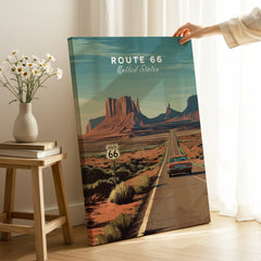 Route 66 travel poster canvas print with desert landscape, car, and vintage decor setting