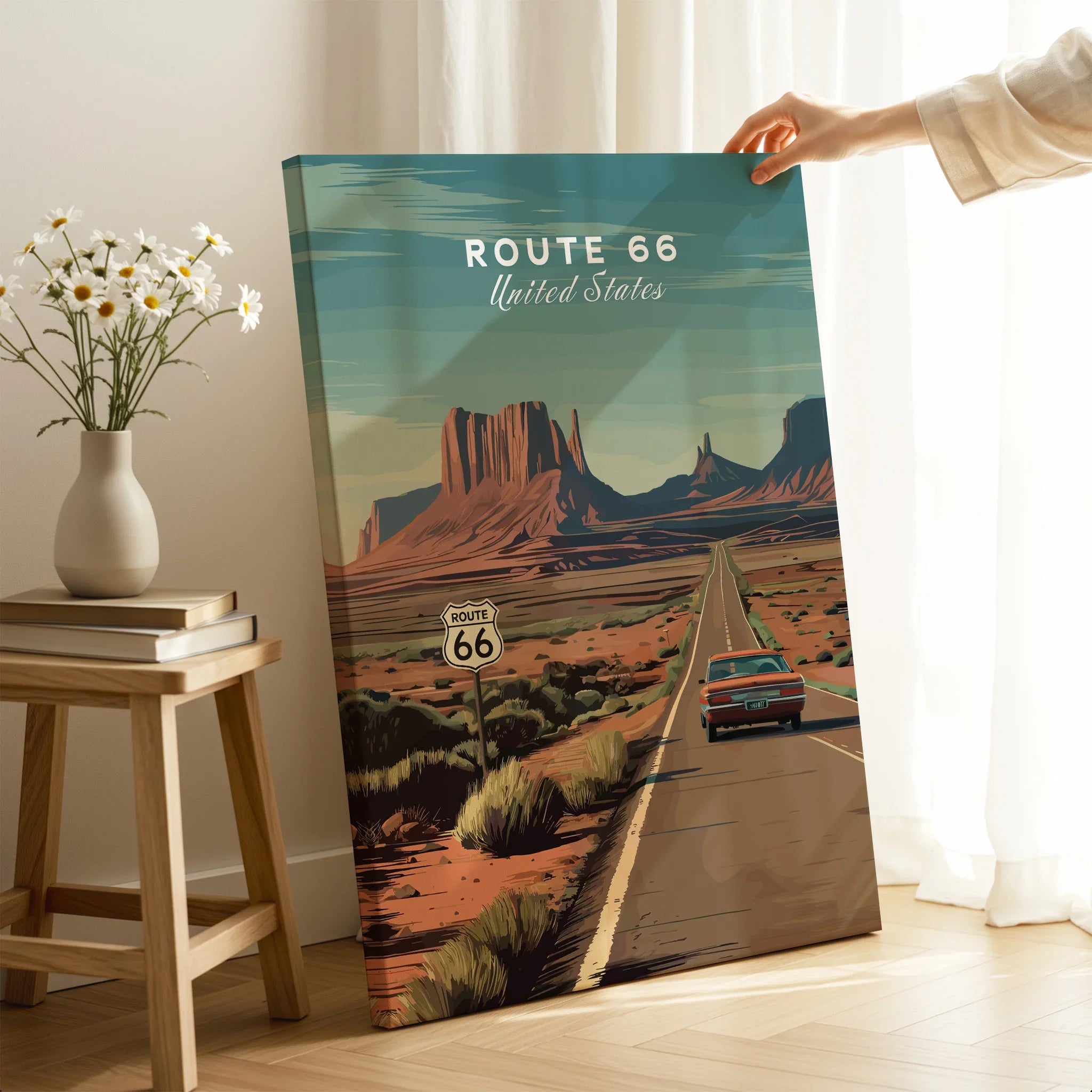 Route 66 travel poster canvas print with desert landscape, car, and vintage decor setting