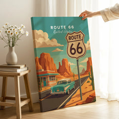 Route 66 art print with classic car and desert scene, held in a modern home setting