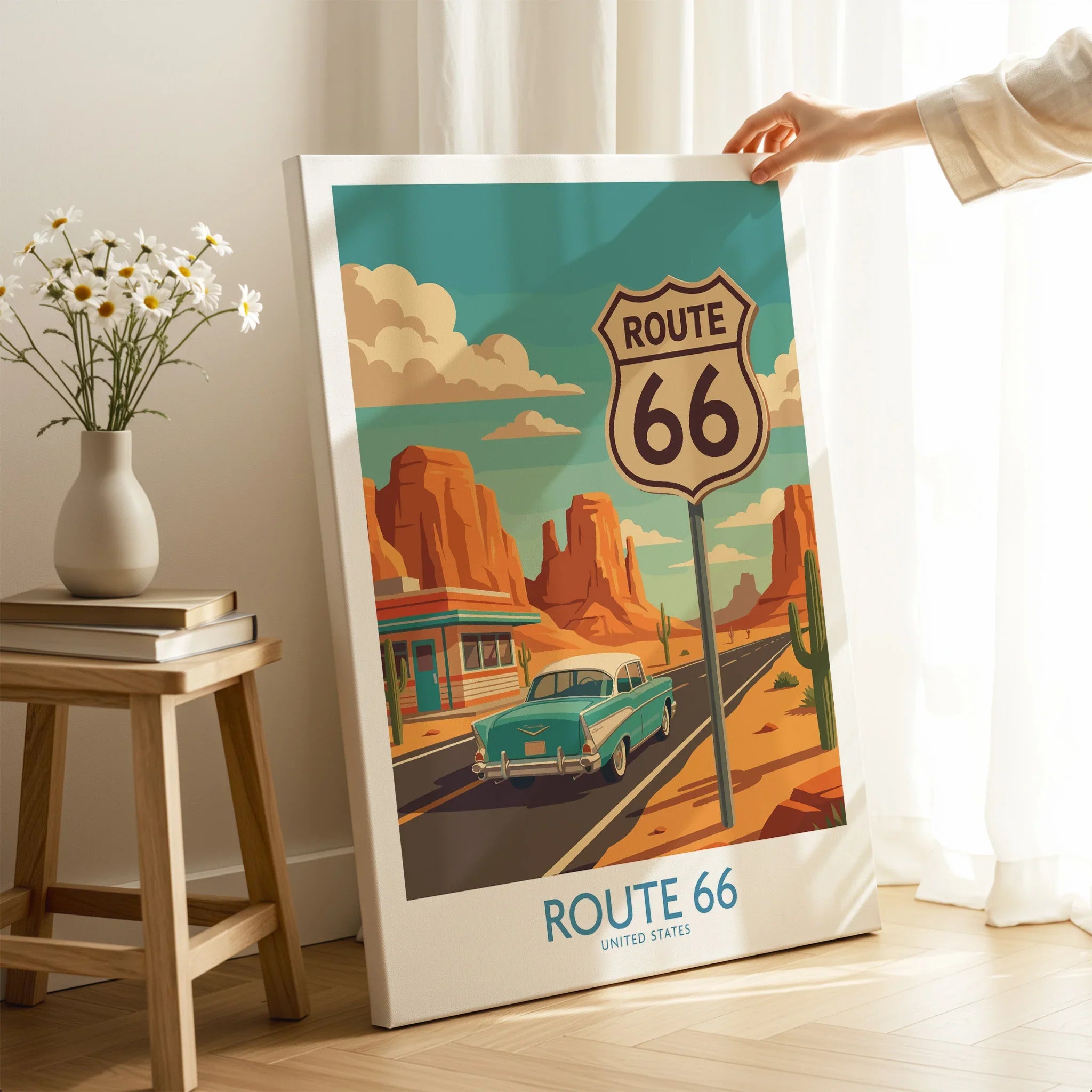 Route 66 retro travel poster canvas print with vintage car and desert, displayed in modern room