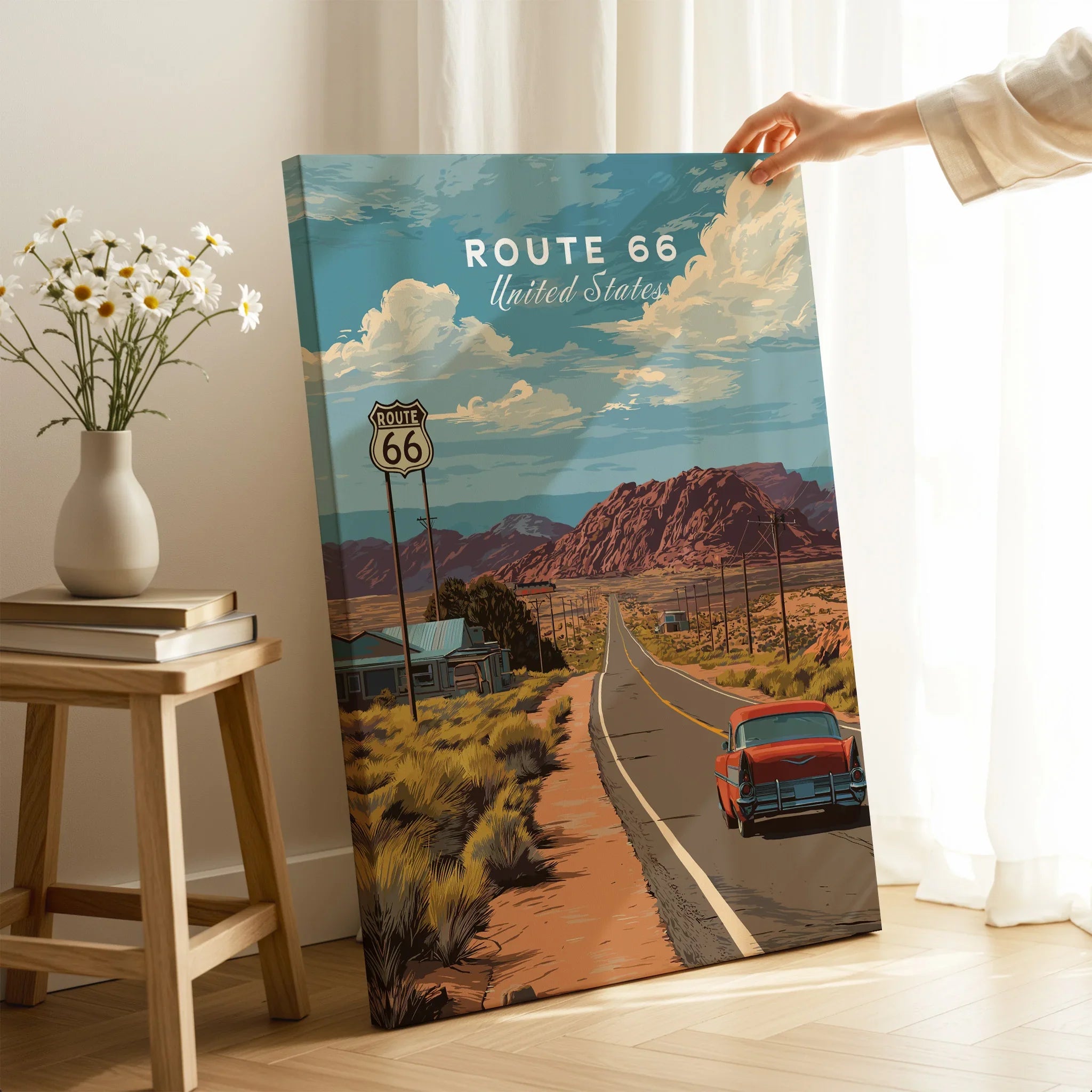 Route 66 travel poster canvas wall art with vintage car, desert landscape, and mountain view