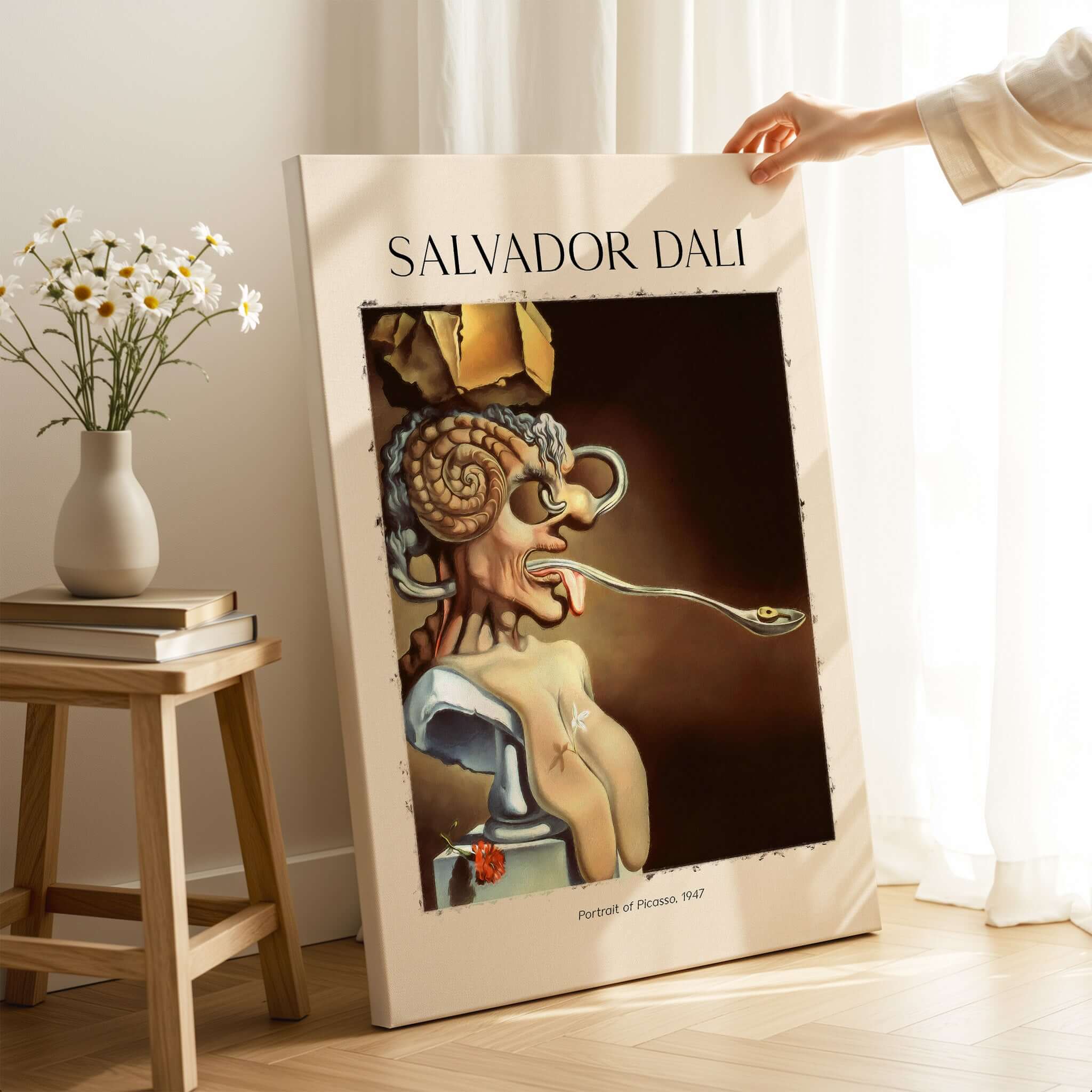 Salvador Dali Portrait of Picasso 1947 Surrealist Art Print Grotesque Poster displayed in a modern interior.