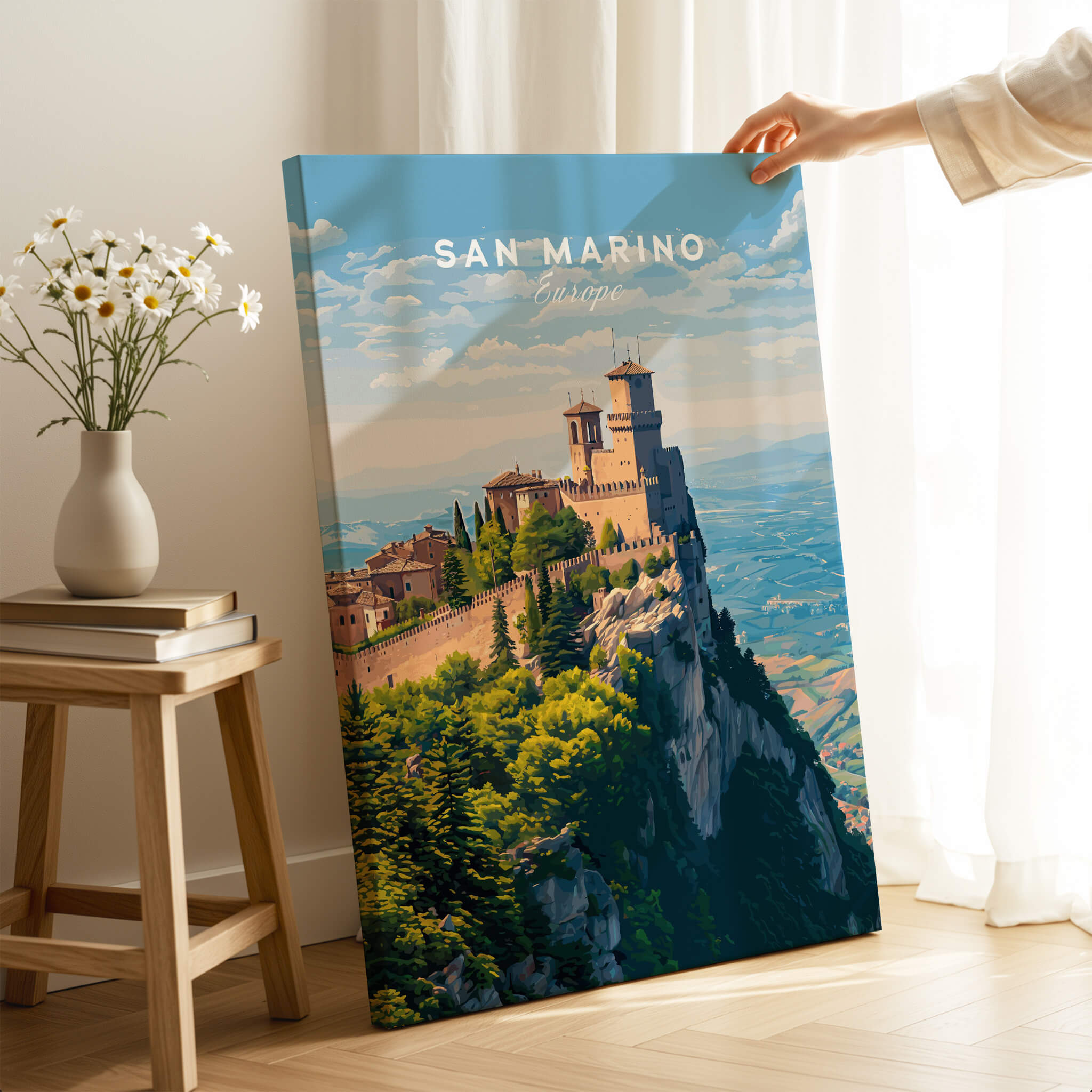 San Marino Wall Art Print | Mount Titano Citadel Travel Poster displayed in a cozy room with flowers.