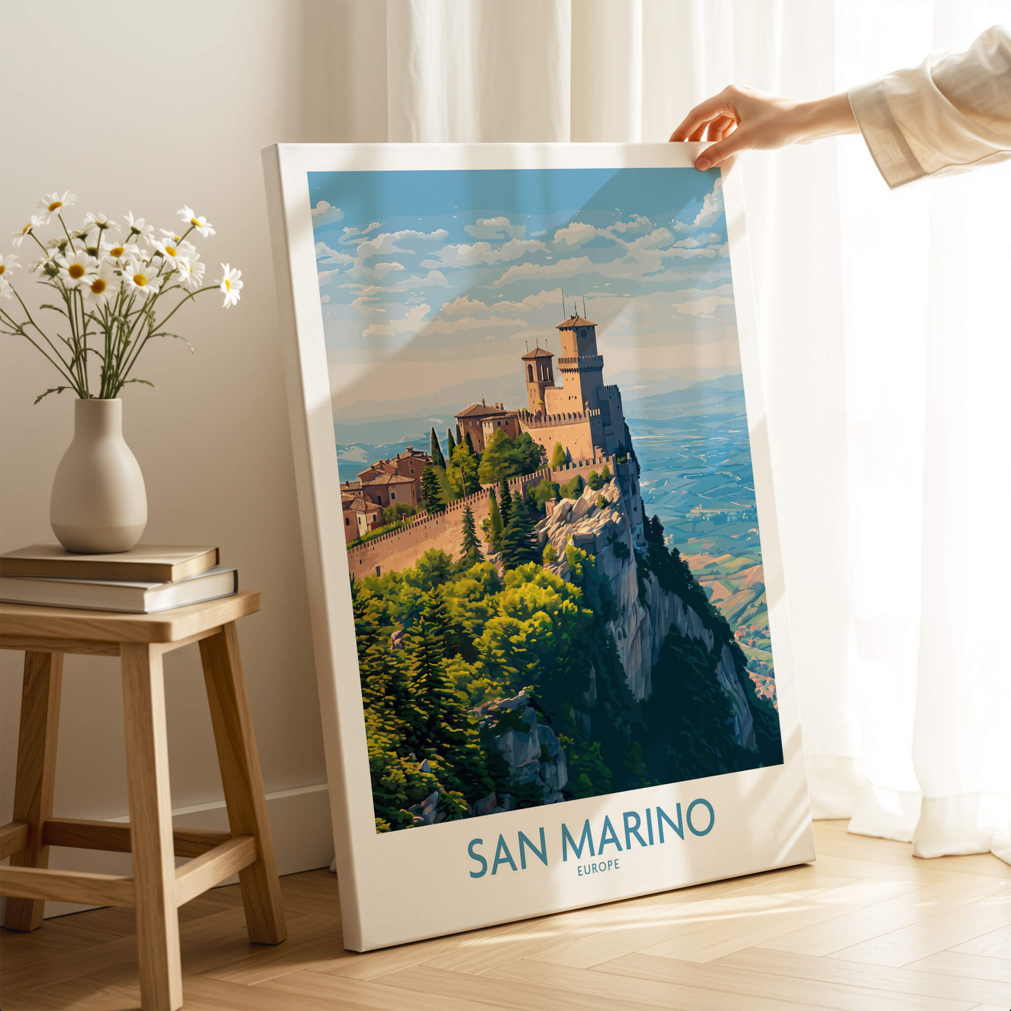 San Marino Poster | Canvas Print featuring a picturesque hilltop fortress and panoramic views.