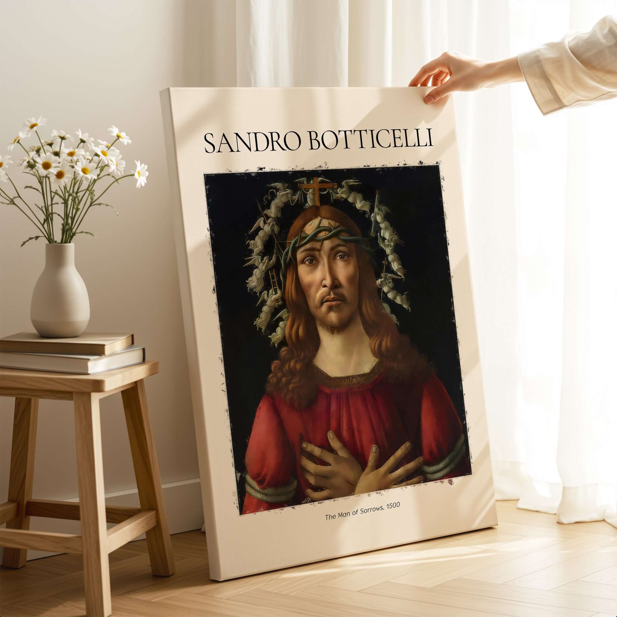 Botticelli Man of Sorrows Christ Art Print Religious Renaissance Painting Poster displayed in a bright setting with flowers.