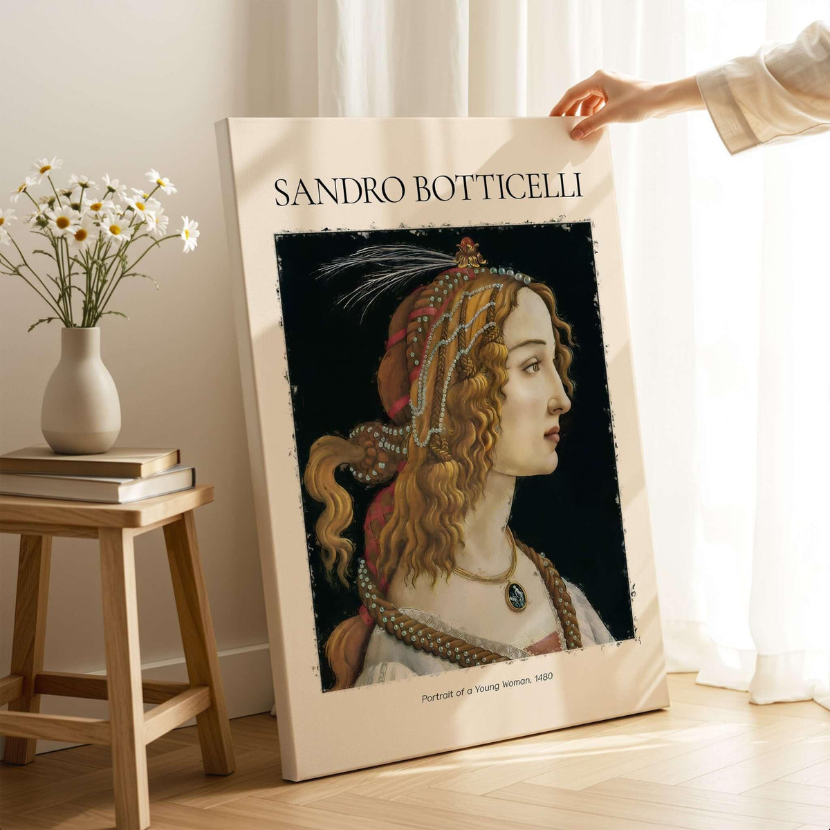 Botticelli Portrait of a Young Woman Simonetta Vespucci Art Print Renaissance Poster displayed in a cozy setting.