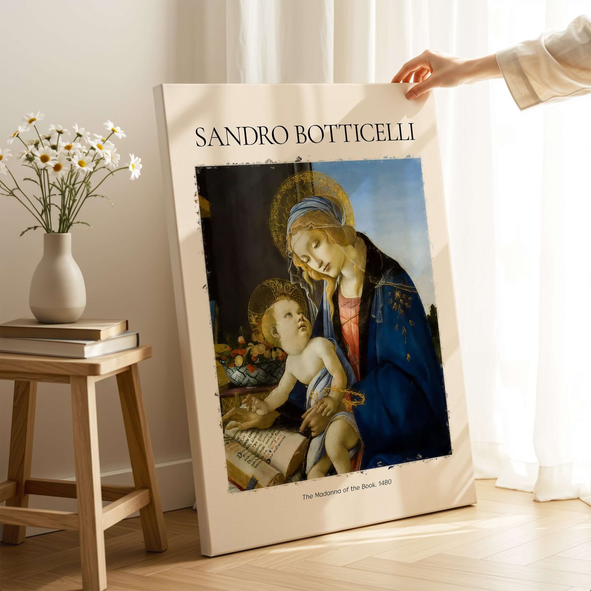 Botticelli Madonna of the Book Art Print Virgin Mary Child Religious Poster Wall Art on display with gentle lighting.