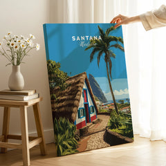 Santana Madeira travel poster canvas print with palm tree and cottage, hand holding artwork in bright modern room