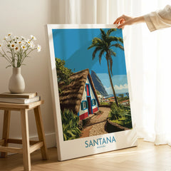 Santana Madeira travel poster canvas with palm tree and cottage, hand holding artwork in bright room