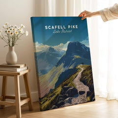 Scafell Pike Lake District Wall Art Print | English Mountain Peak Travel Poster displayed beside flowers.