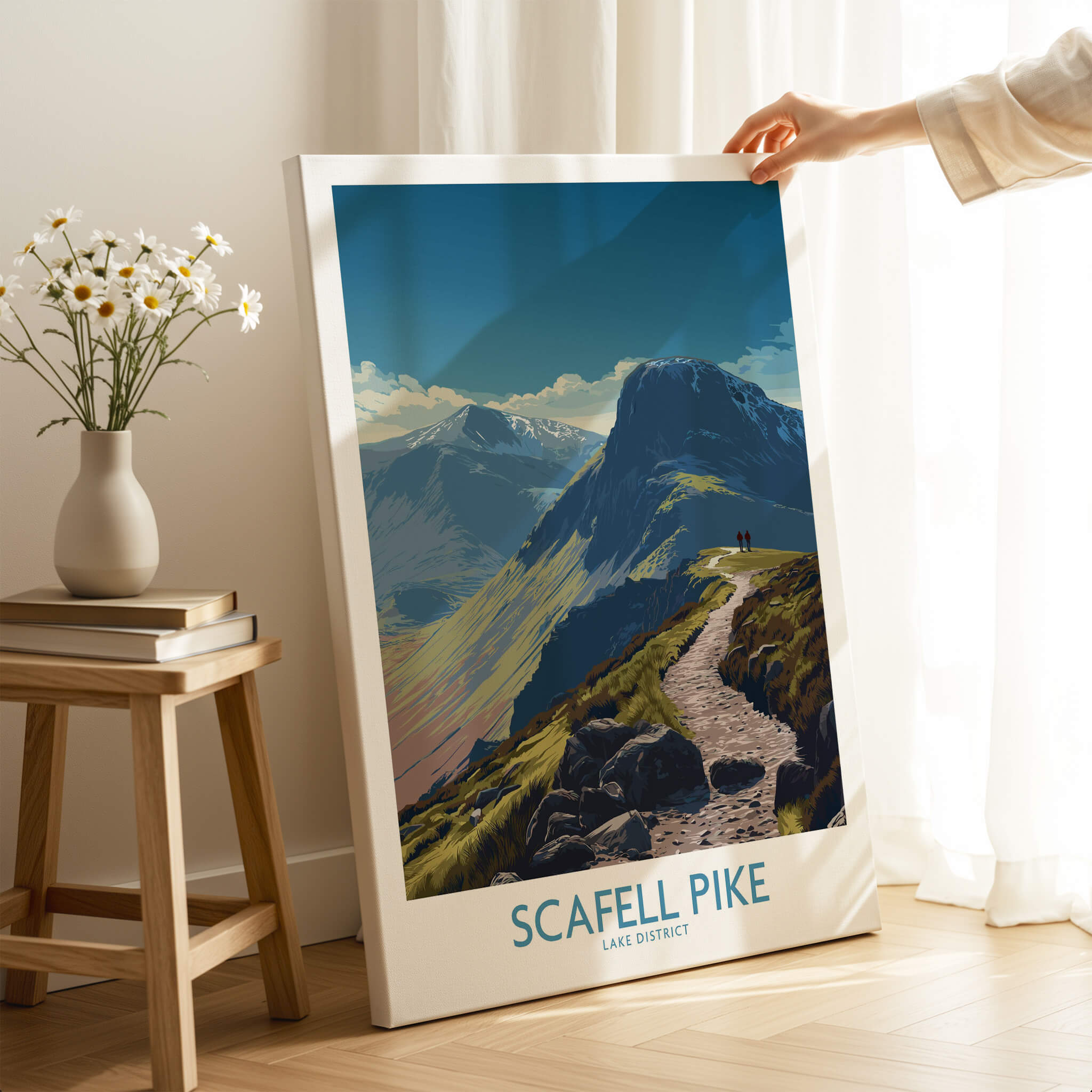 Scafell Pike Lake District Poster | Hiking Trail Landscape Canvas Print displayed in a cozy interior setting.