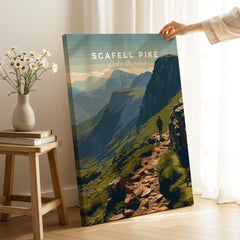 Scafell Pike Lake District Travel Poster | Mountain Valley View Wall Art Print showcasing a hiker on a scenic path.