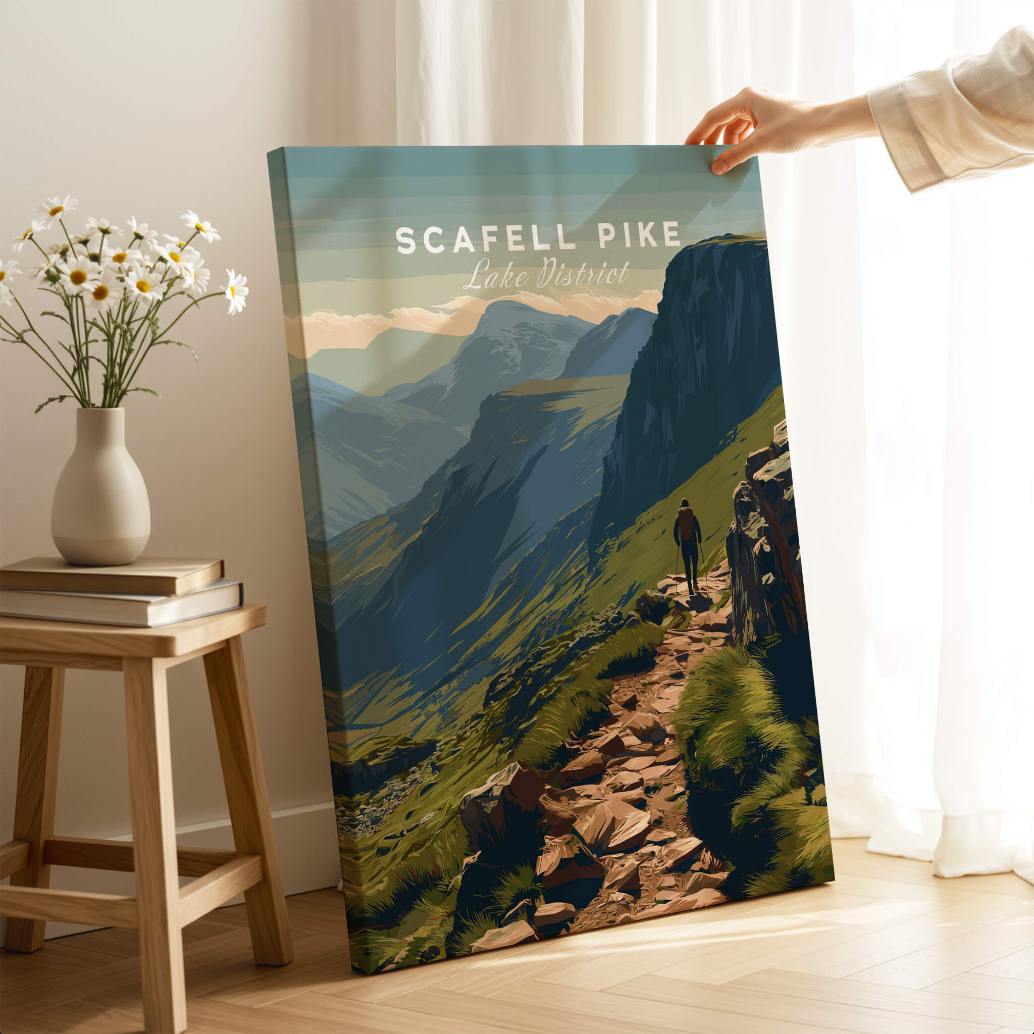 Scafell Pike Lake District Travel Poster | Mountain Valley View Wall Art Print showcasing a hiker on a scenic path.