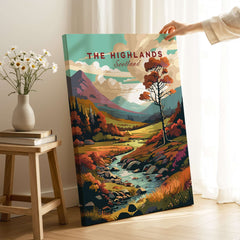 Scottish Highlands Wall Art featuring vibrant scenery and colors, perfect for home or office decor.