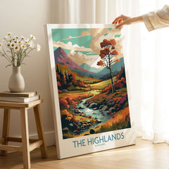 The Highlands Scotland Art Print showcasing vibrant scenery of the Scottish Highlands with a river and colorful trees.