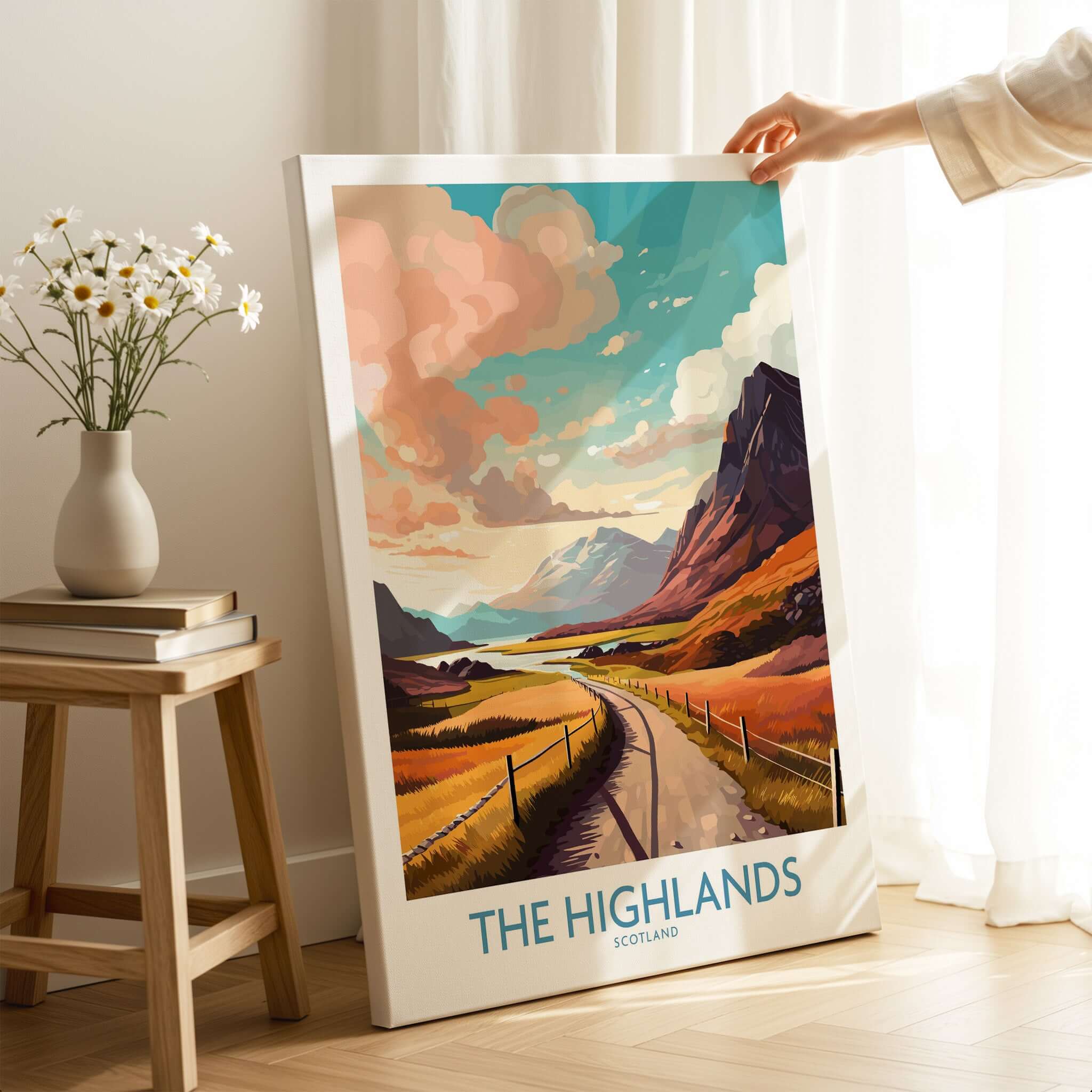 The Highlands Scotland Wall Art featuring vibrant colors and detailed landscapes of the Scottish Highlands.